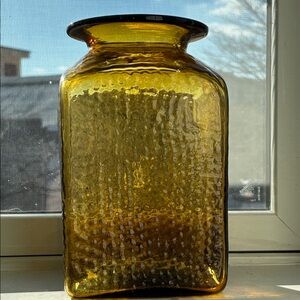 Vintage Blenko? amber glass vase, square, textured, 10” tall   6” wide at base